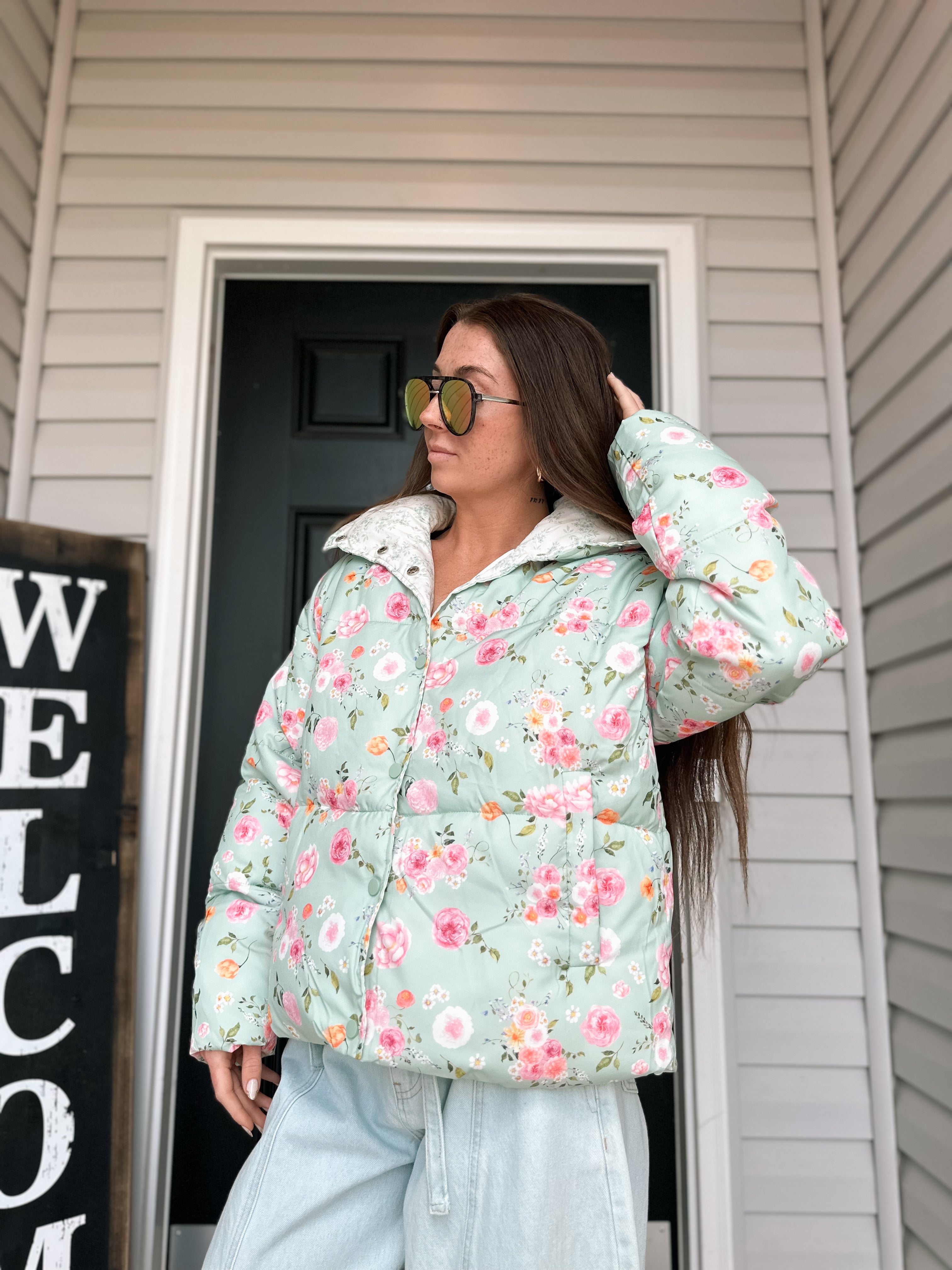 Sage Blossom Puffer Jacket